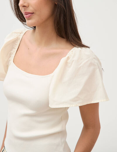 T-shirt bi-mati&egrave;re ajust&eacute; d&eacute;collet&eacute; ecru femme