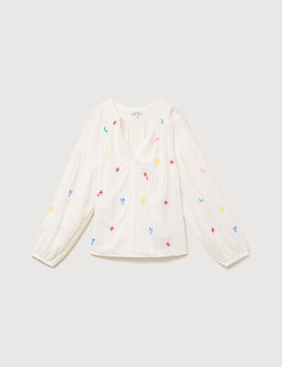 Blouse ample col mao manches longues ecru femme