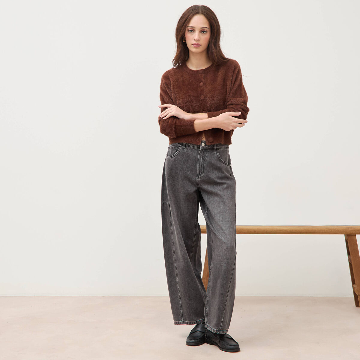 Jeans barrel taille standard denim gris femme