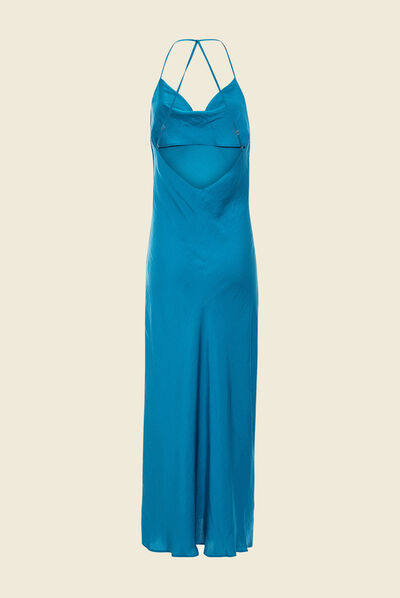 Robe longue droite à bretelles bleu pétrole femme