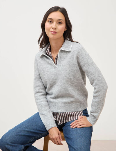Pull droit col polo manches longues gris femme