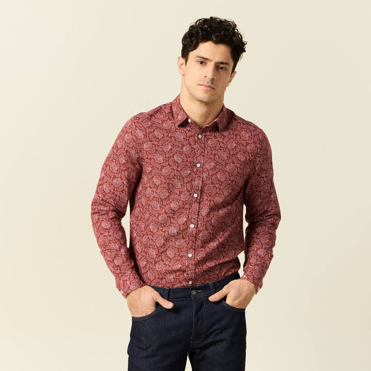 Chemise manches longues marron homme