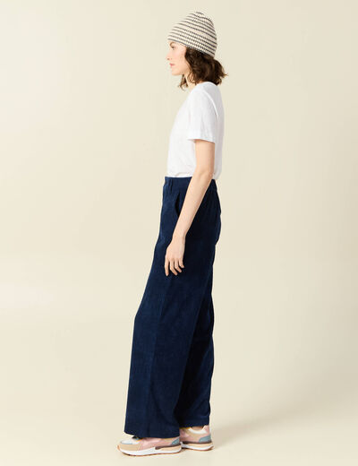Pantalon large velours pinces bleu marine femme