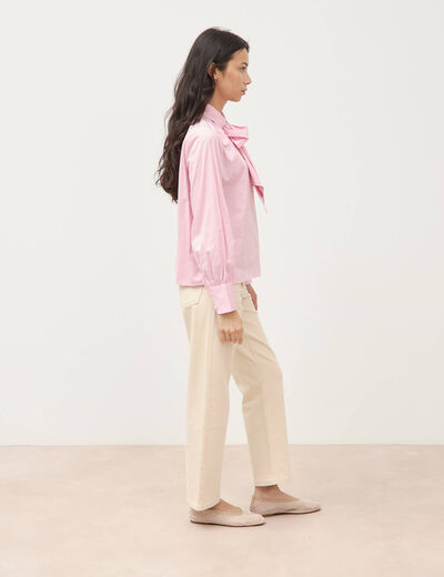 Chemise droite col noeud manches longues rose poudr&eacute;e femme