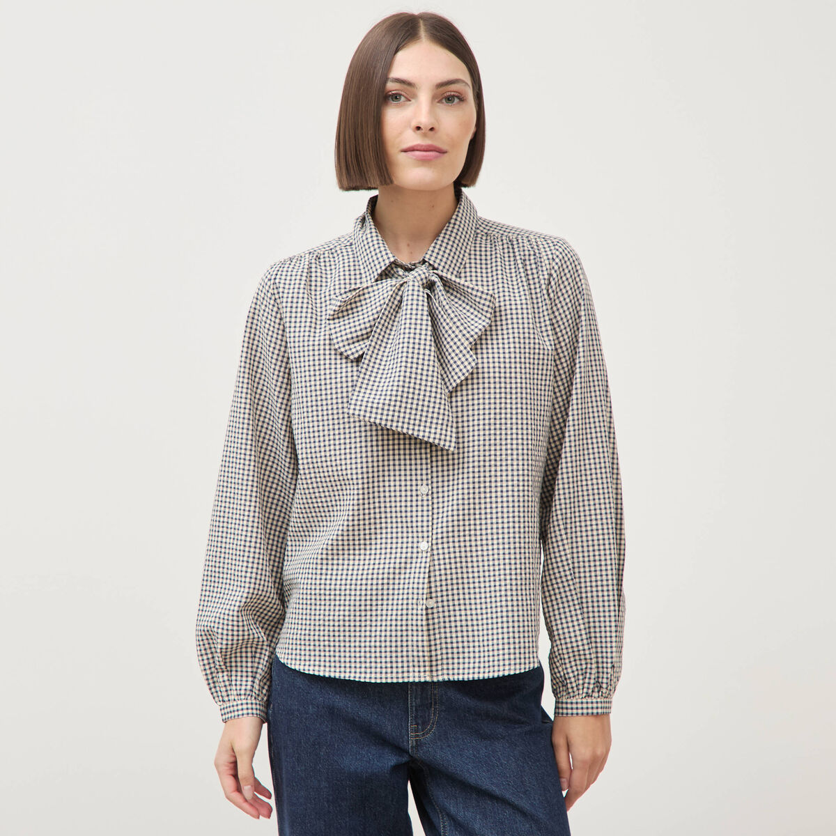 Chemise vichy droite manches longues bleu femme