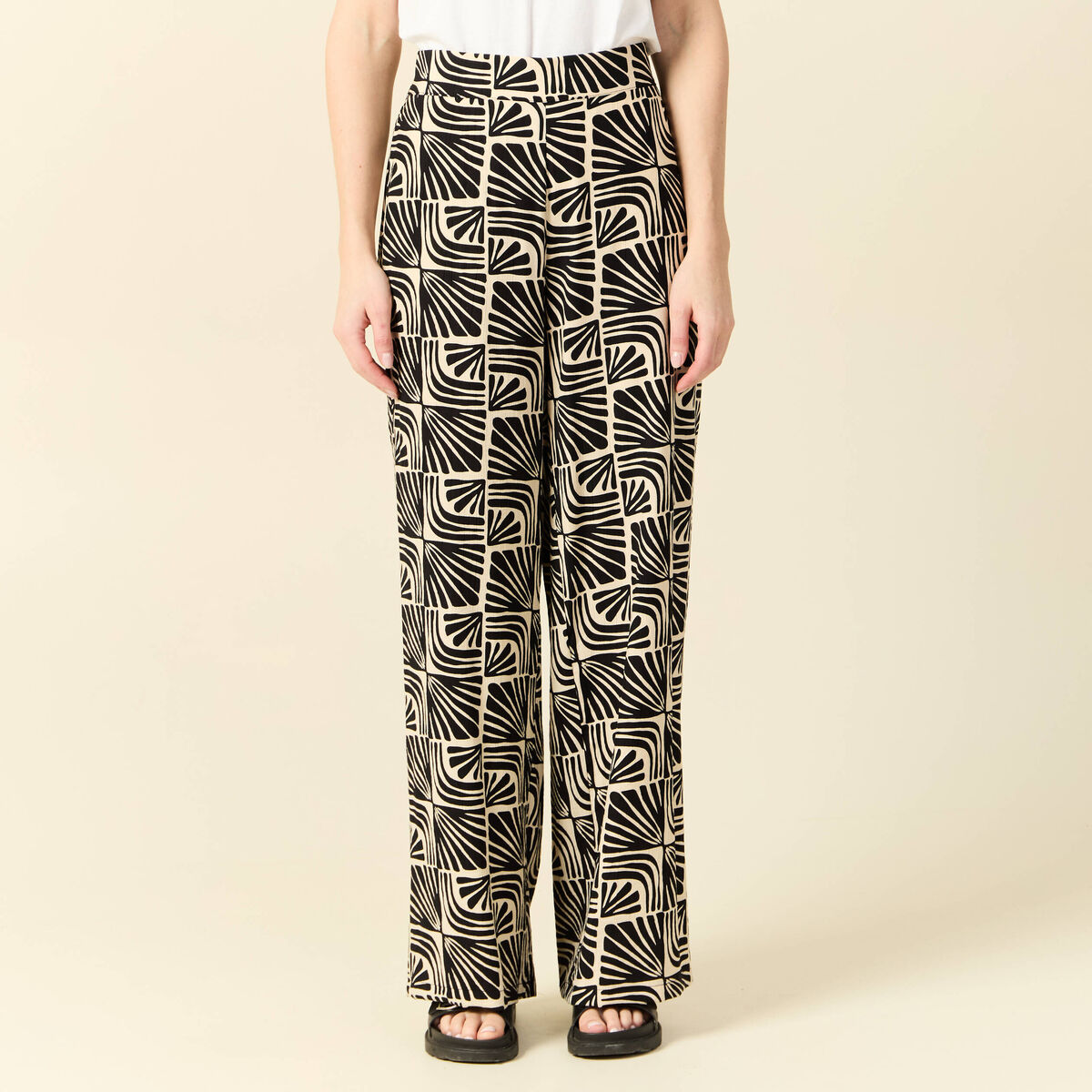 Pantalon large taille haute creme femme