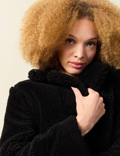 Manteau long laine mouton noir femme
