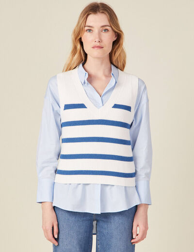 Pull droit court sans manches col v ecru femme