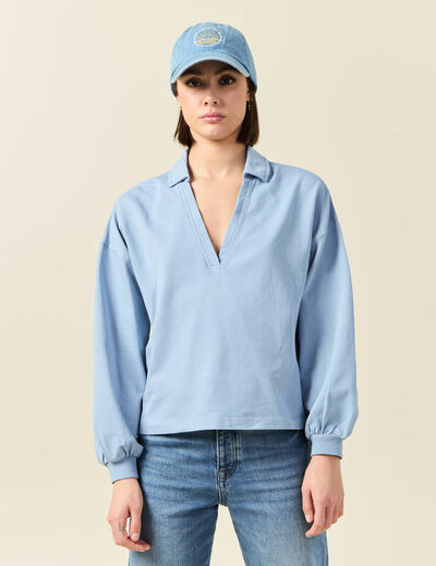 Sweat manches longues col polo bleu clair femme