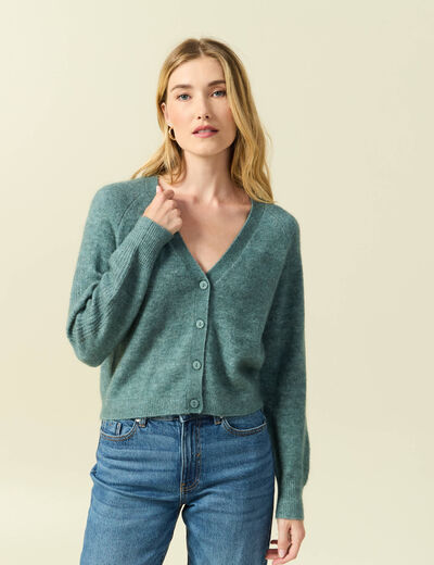 Gilet ajour&eacute; col V manches longues vert femme