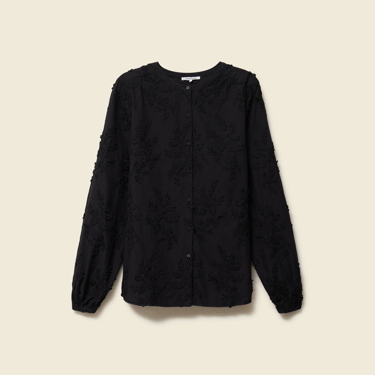 Chemise col rond manches longues brod&eacute;e noir femme