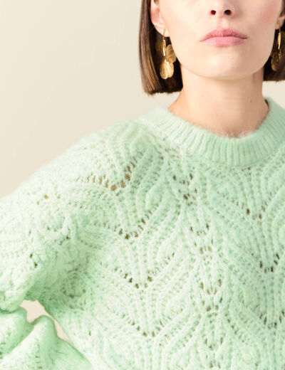 Pull ajour&eacute; droit court manches longues vert pastel femme