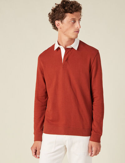 Sweat manches longues col polo marron cognac homme