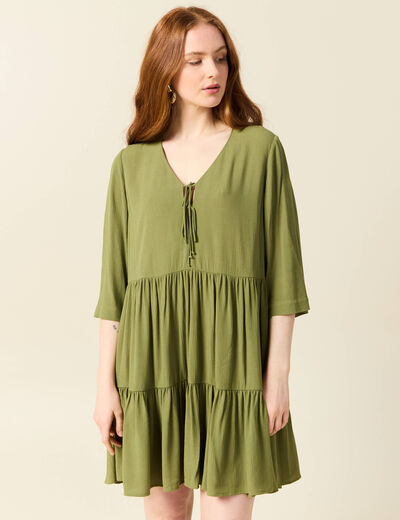 Robe évasée manches 3/4 vert kaki femme