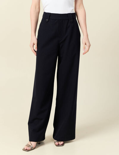 Pantalon large taille haute fluide bleu marine femme