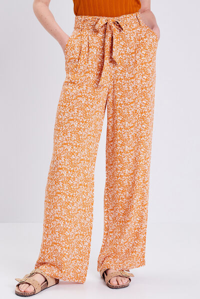 Pantalon large ceinturé jaune foncé femme