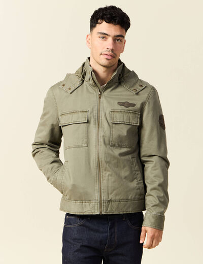 Blouson col montant à capuche vert kaki homme