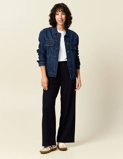 Pantalon large élastiqué bleu foncé femme