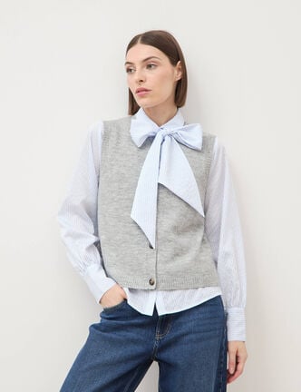 Pull droit court sans manches col rond gris femme
