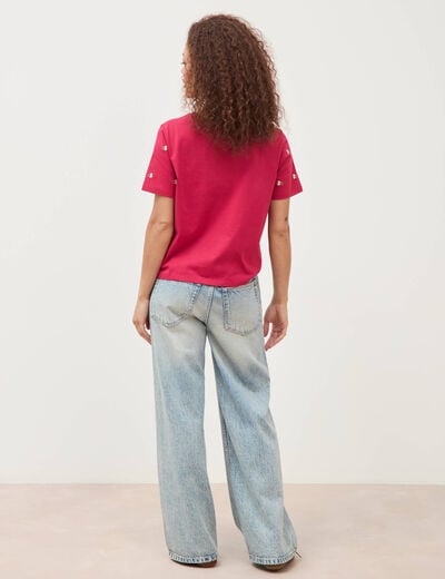 T-shirt droit col rond brod&eacute; en coton rouge clair femme