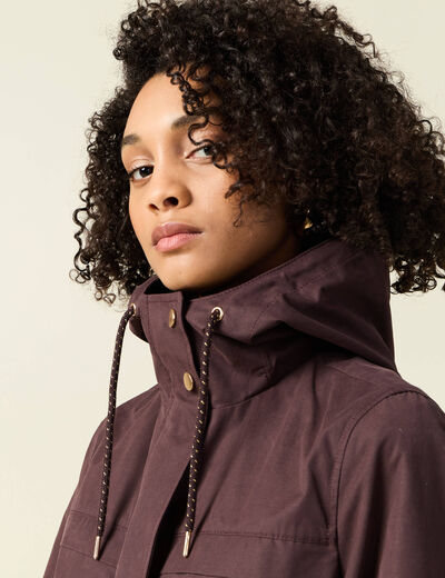 Parka longue à capuche marron foncé femme