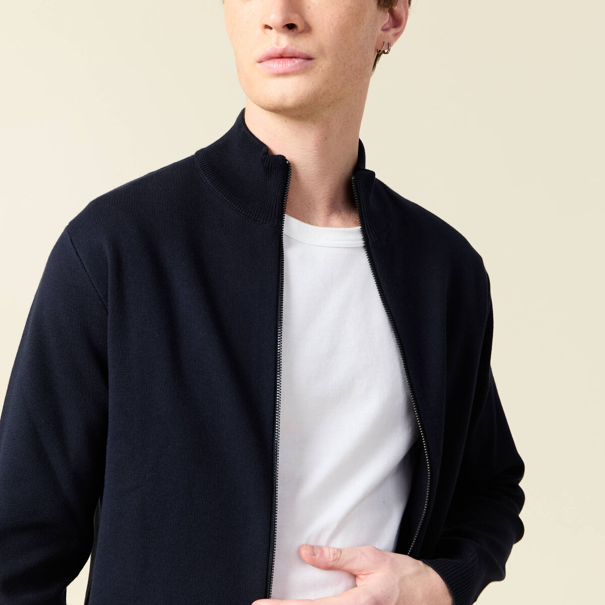 Gilet manches longues zipp&eacute; bleu marine homme