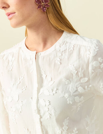Chemise col rond manches longues brod&eacute;e ecru femme