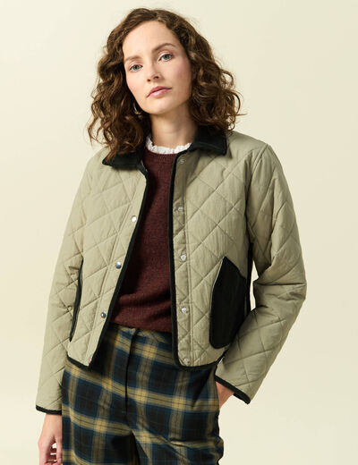 Blouson matelass&eacute; boutonn&eacute; vert kaki femme