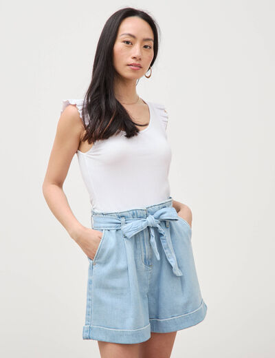 Short taille haute en jeans denim bleach femme