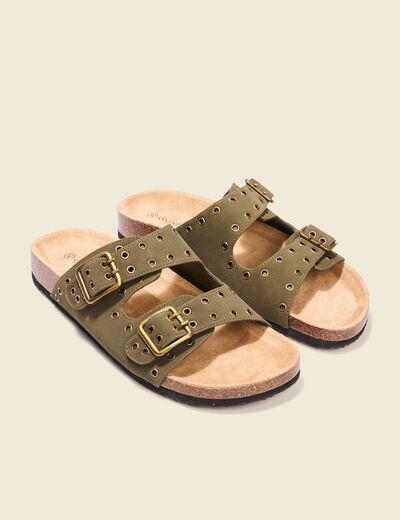 Mules boucles et oeillets vert kaki femme