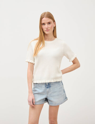 Pull droit court en coton ecru femme
