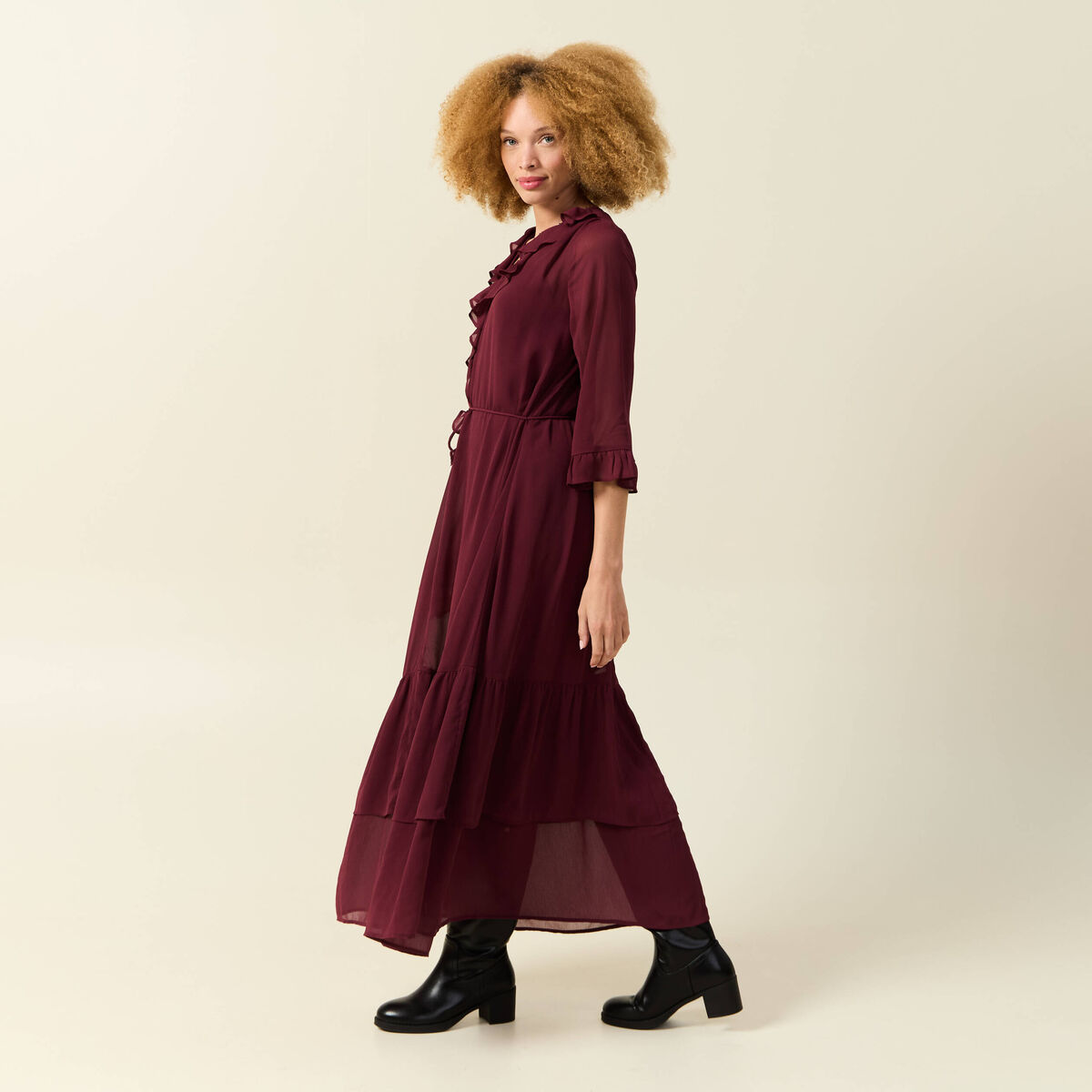 Robe manches 3/4 doubl&eacute;e bordeaux femme