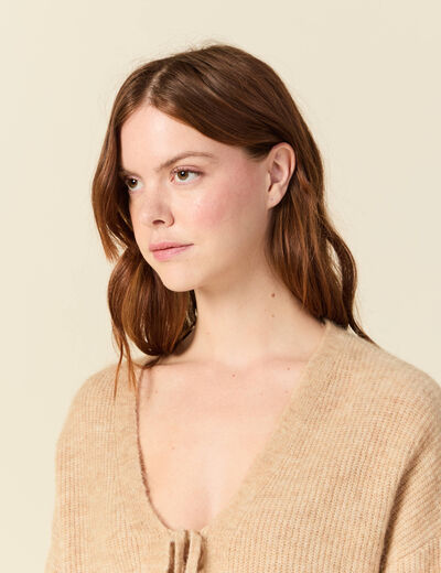 Gilet col V manches longues n&oelig;uds beige femme