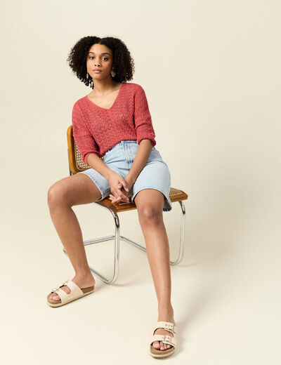 Pull manches 3/4 ajouré vieux rose femme