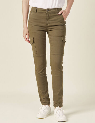 Pantalon slim poches cargo vert kaki femme