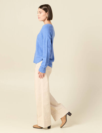 Pull manches longues col en V bleu ciel femme