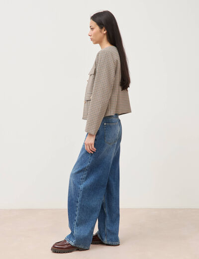 Veste &agrave; carreaux manches longues marron femme