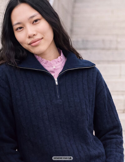 Pull droit manches longues bleu marine femme