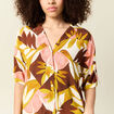 Chemise manches courtes col cubain marron cognac femme