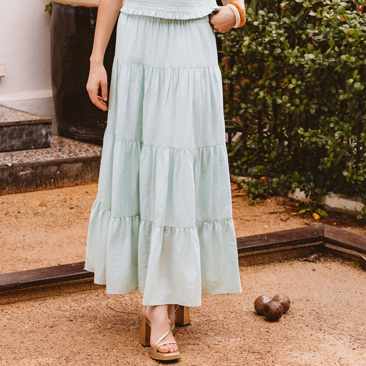 Jupe longue &eacute;vas&eacute;e en coton doubl&eacute;e vert pastel femme