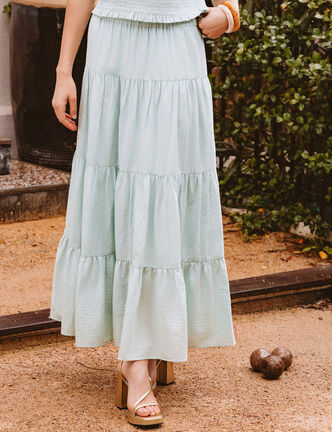 Jupe longue &eacute;vas&eacute;e en coton doubl&eacute;e vert pastel femme