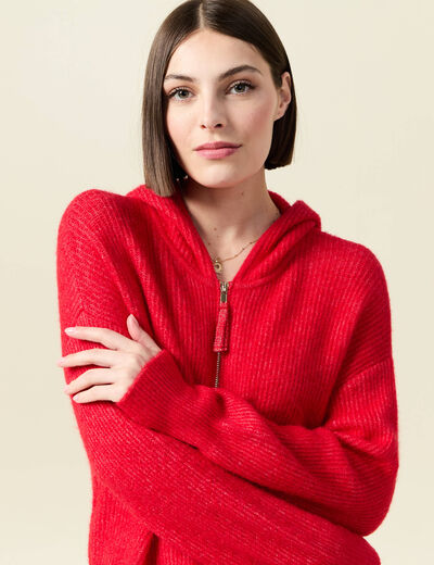 Gilet manches longues capuche rouge femme