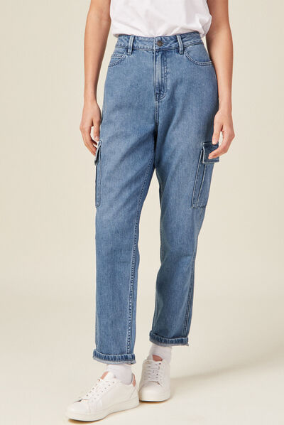 Jeans cargo taille haute denim used femme
