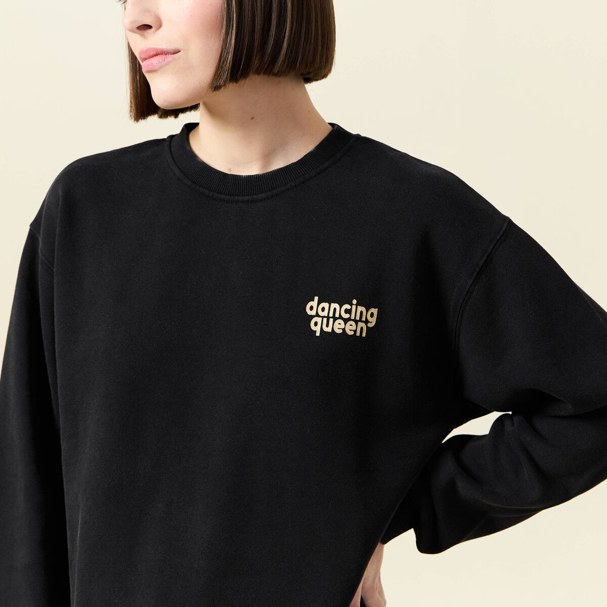 Sweat col rond manches longues en coton noir femme