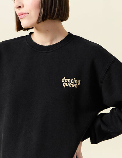 Sweat col rond manches longues en coton noir femme