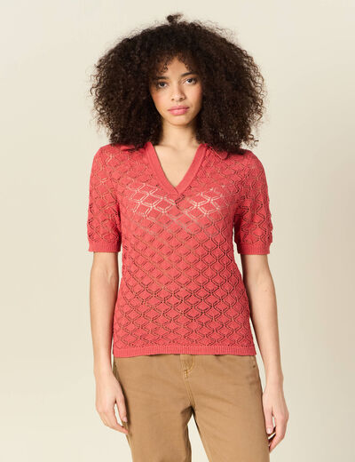 Pull manches courtes ajouré rouge femme