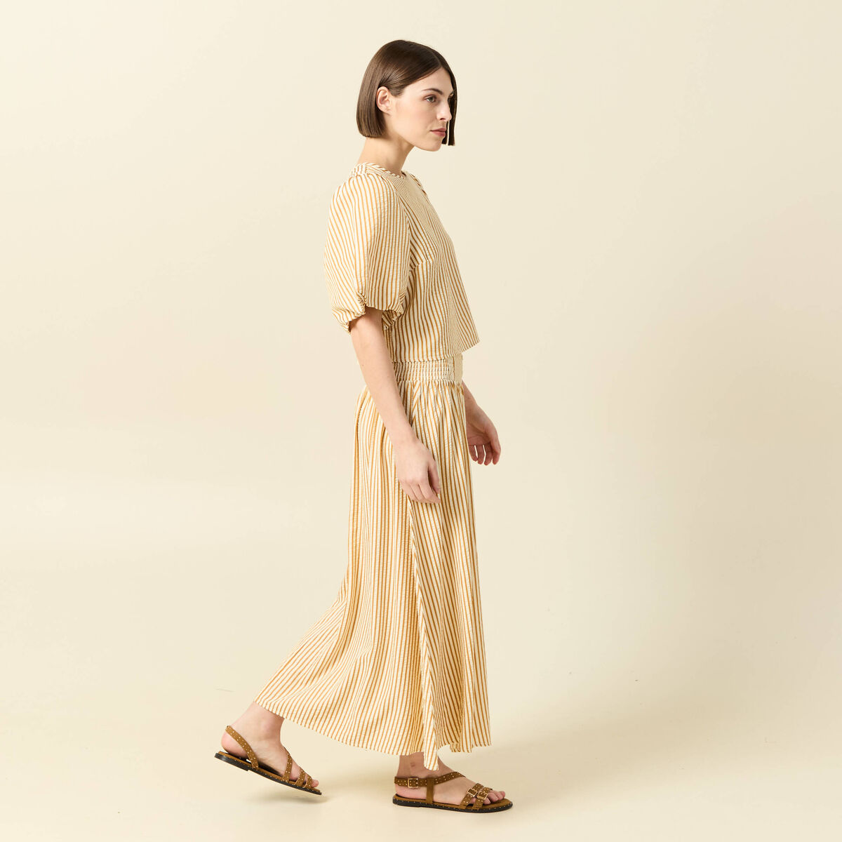 Jupe longue &eacute;vas&eacute;e taille haute beige moyen femme