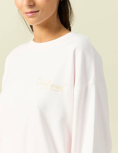 Sweat oversize manches longues brod&eacute; rose poudr&eacute;e femme