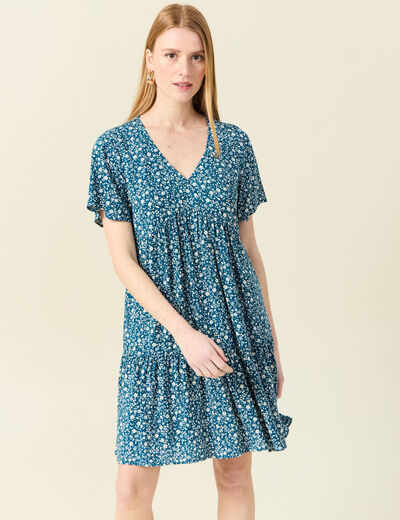 Robe évasée manches courtes bleu femme