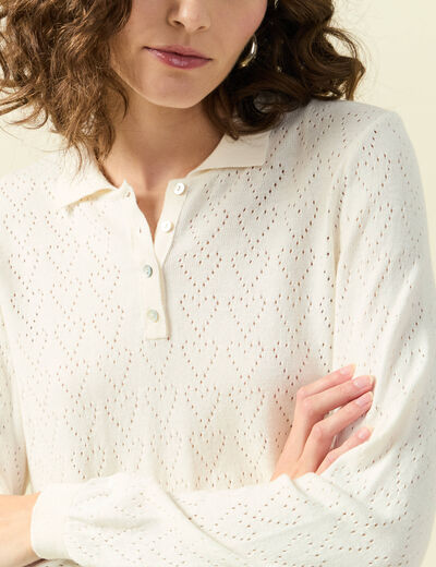 Pull ajour&eacute; manches longues en coton ecru femme